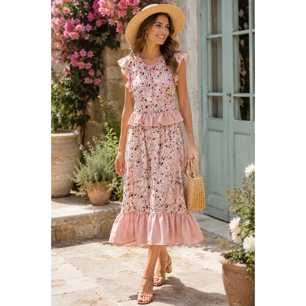 Ellison Pink Floral Polka Dot Mixed Print Ruffle Tiered Midi Dress Size L
